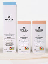 フェイシャルケアセット ベーシック。マリエンの素肌力をあげる基礎化粧品。クレンジングミルク・コンディショニングウォーター・デイ&ナイトケア クリーム。梱包箱画像。