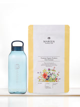 夏の水分補給にぴったりなマリエンのサマースペシャルブレンド(ハーブティー)とロゴ入りクリアボトル(ブルー)のセット。