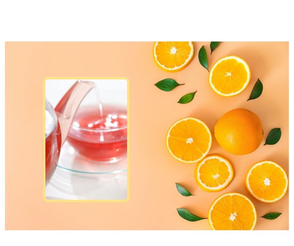 マリエンのローズ色のハーブティー「冷えシーズンブレンド」とオレンジ。冷えシーズンブレンドはオレンジジュースとの相性もぴったり、サマーカクテル風