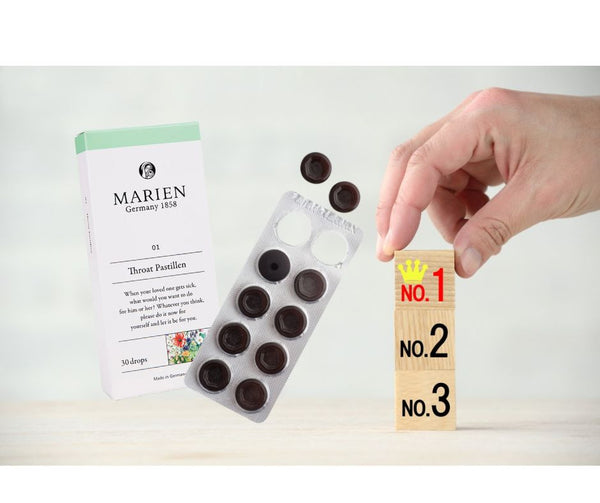 マリエンののど用ハーブドロップは、毎年の人気ランキングNO.1.小箱には10粒入りシート3枚（30粒入り）