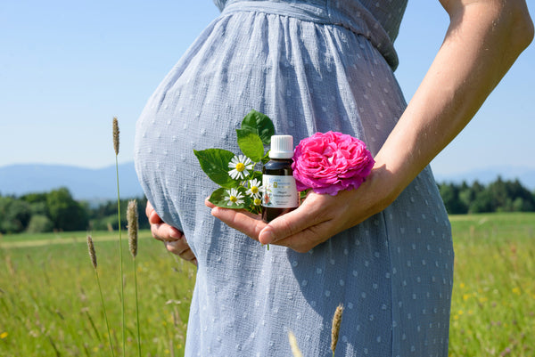 マリエン | ドイツハーブのマッサージオイルを手にする妊婦さんの画像