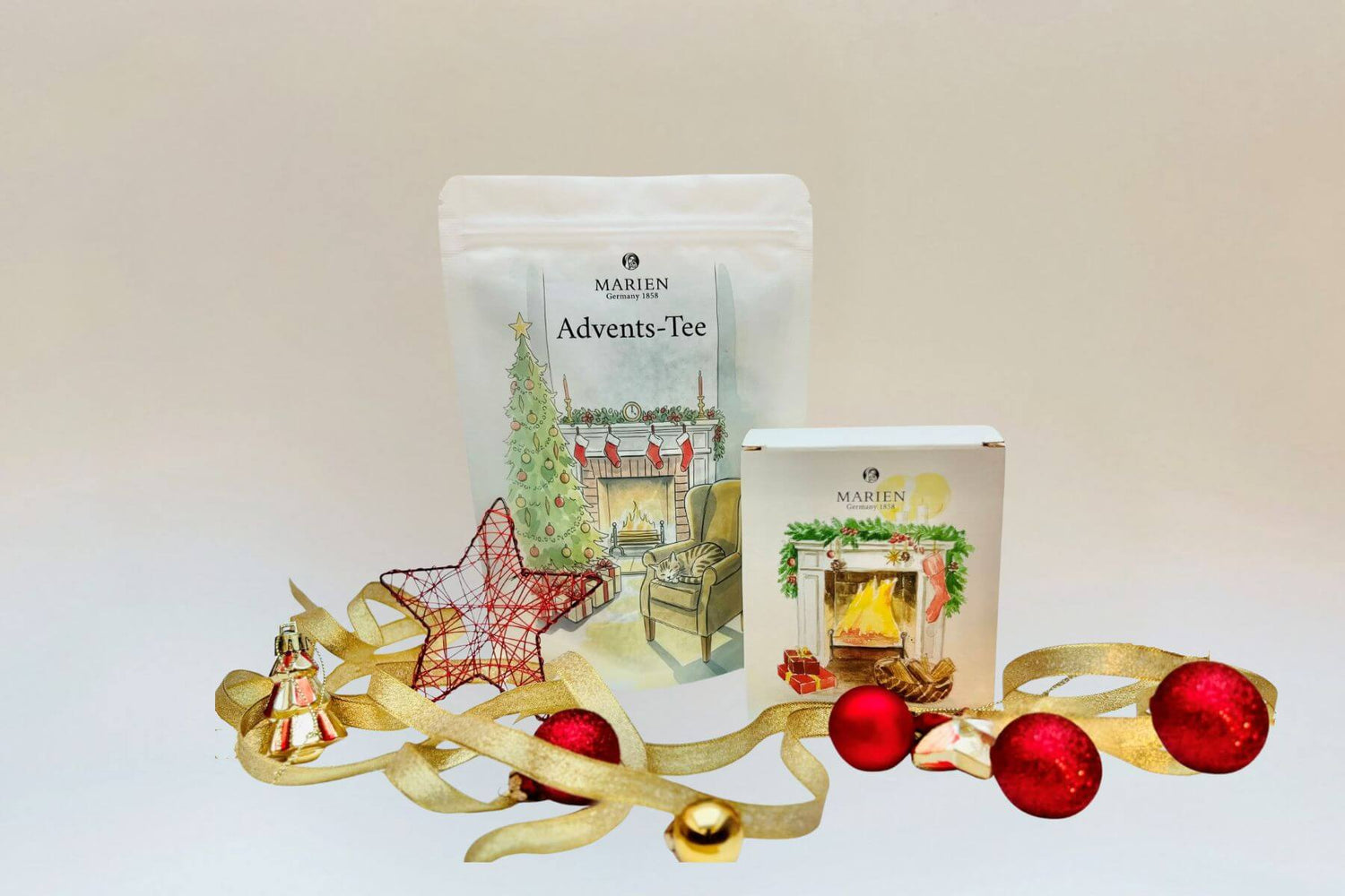 MARIENマリエンのクリスマススペシャルブレンド。暖炉柄の袋タイプとBOXタイプ。